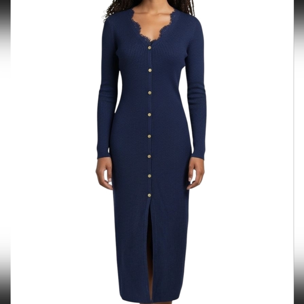 Saylor Lambswool Ribbed Knit Button Down Midi Dress In Navy Blue Size Small